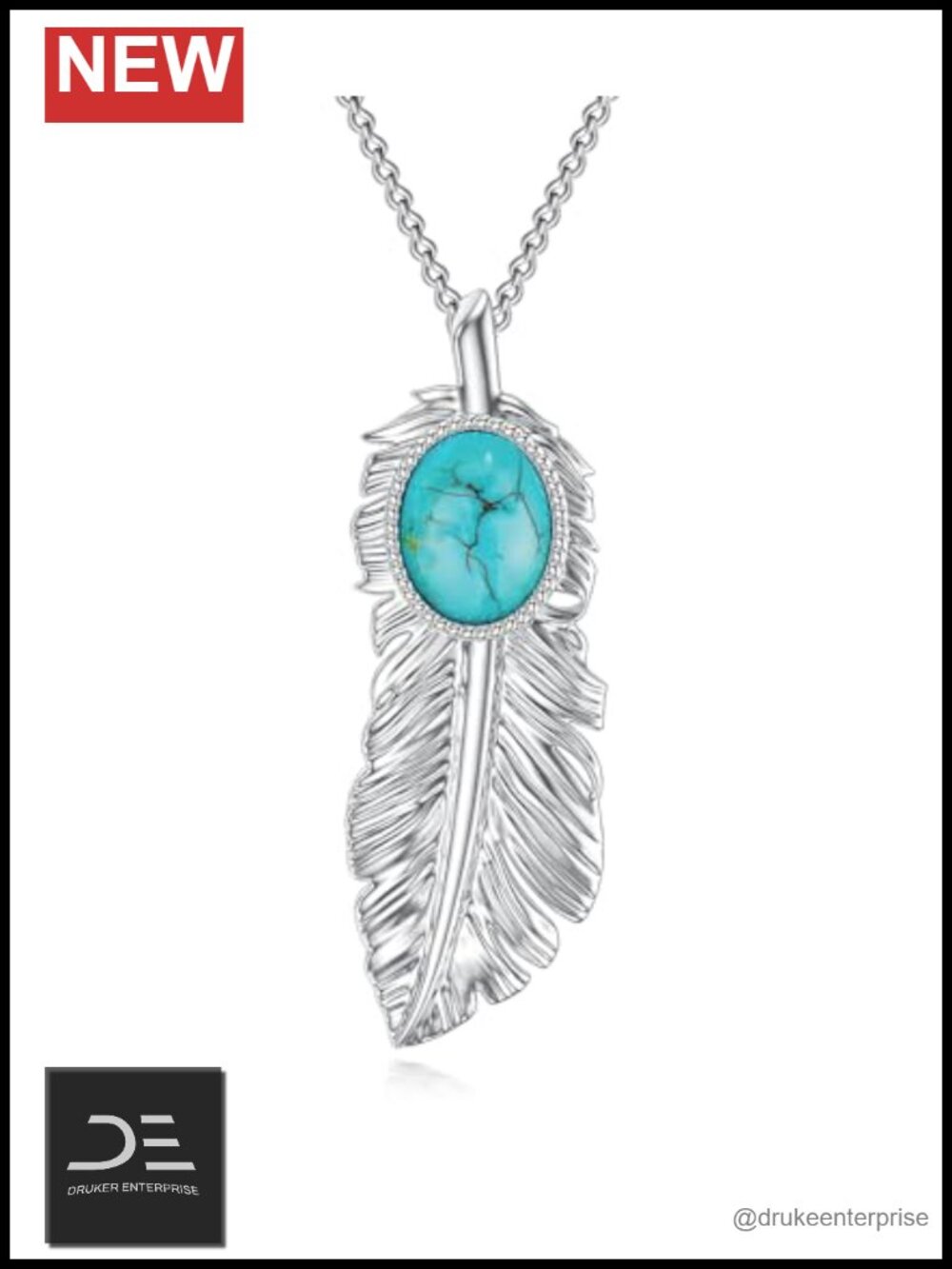 Genuine Turquoise Sterling Silver Feather Pendant Necklace Western Native